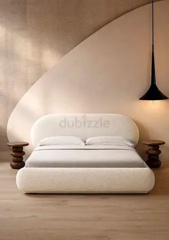Modern Curved Upholstered Bed - Cream Bouclé Double
