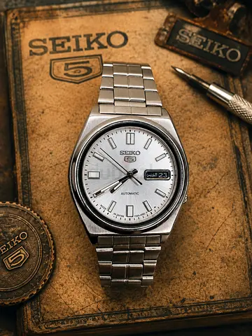 Seiko 5 Automatic Stainless Steel Mens Watch — Silver Dial, Day/Date