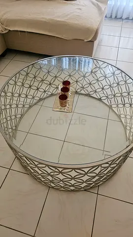 Round Glass Coffee Table with Decorative Metal Base