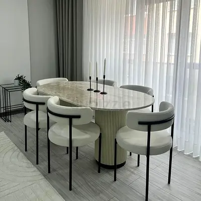 Marble-top Oval Dining Table with 6 Modern White Chairs