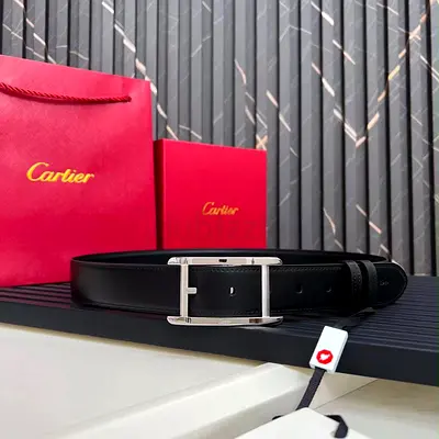 Cartier black leather belt with silver buckle - preowned