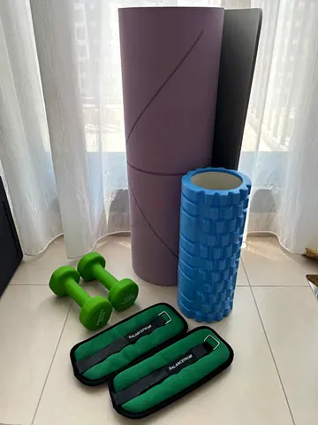 Yoga mat, foam roller, dumbbells and ankle/wrist weights - bundle
