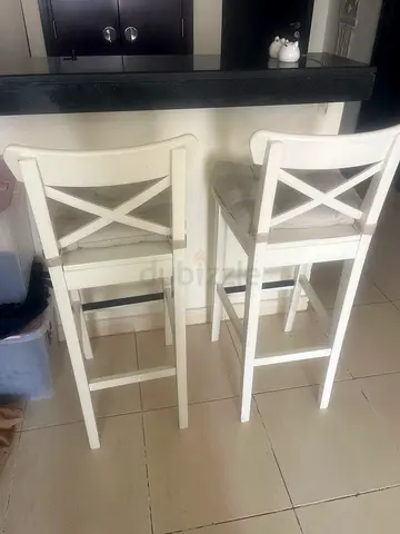 IKEA Set of 2 white wooden bar stools with cross-back, good condition