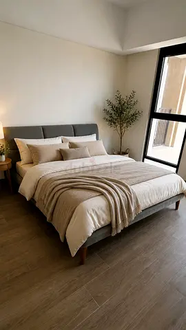 Queen fabric upholstered bed frame with wooden legs - excellent condition