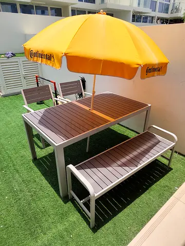 Outdoor table, chairs and bench