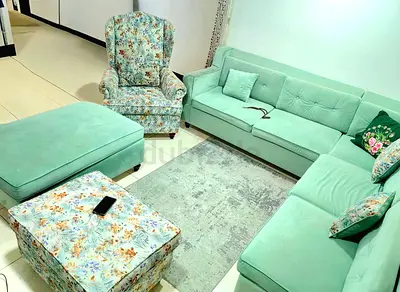 Light Green L-Shaped Sofa Set with Armchair and Ottoman - Good Condition