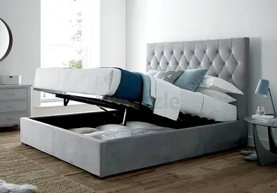 Grey Upholstered Ottoman Storage Bed with Tufted Headboard - Double/Queen