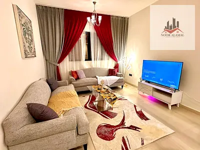 New building in Al Taawun, Sharjah. Features: 1 bedroom, living room, kitchen, and 2 bathrooms. Super deluxe furnishing. Price: 4,500 (includes intern