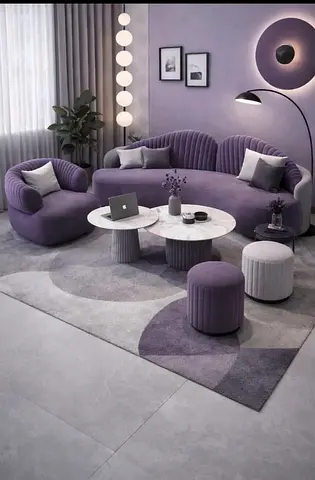 Modern Purple Velvet Sofa Set with Matching Ottomans and Rug