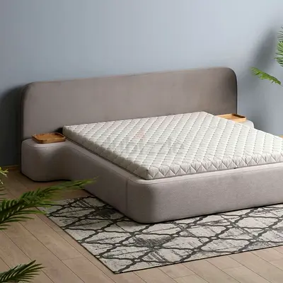 Low-profile upholstered bed frame with integrated side trays (queen size)