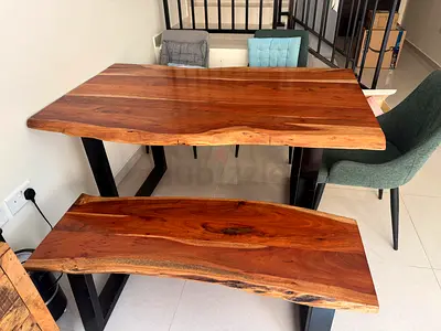 Solid Acacia wood dining table with bench