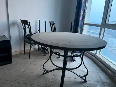 Round Dining Table with Metal Base and 4 Chairs - Good Condition