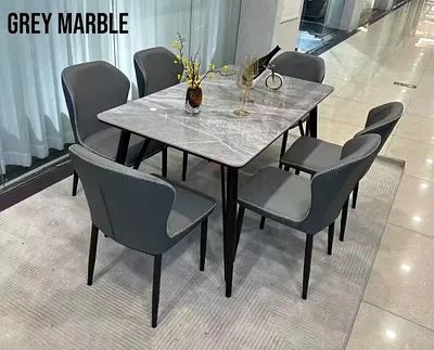 Grey Marble Top Dining Table with 6 Grey Chairs - Modern Set