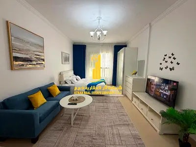 Luxury second-occupancy studio with separate kitchen and balcony with open view ✨ Ajman, Jasmine Towers. For monthly rent.
