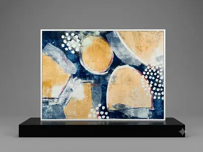 Framed Abstract Blue and Gold Modern Art Print 170 x 100 cm