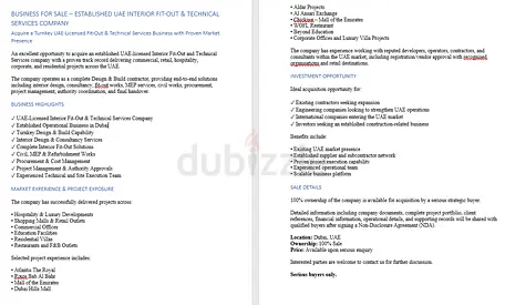BUSINESS FOR SALE – ESTABLISHED UAE INTERIOR FIT-OUT  TECHNICAL SERVICES COMPANY