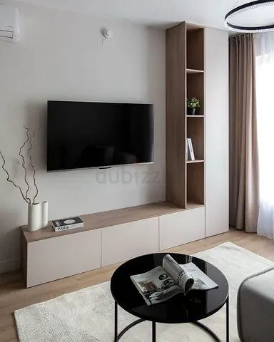 Modern wall-mounted TV unit with storage and open shelving - light wood finish