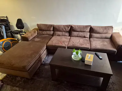 Large Brown L-Shaped Fabric Sofa with Chaise - Good Condition