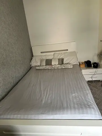 White modern double bed frame with headboard - good condition