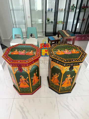 Pair of Hand-Painted Rajasthani Wooden Storage Chests / Side Tables – Vintage Indian Decor