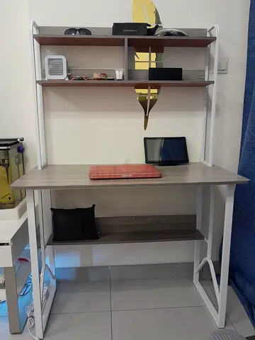 Modern Study Desk or Computer table with Overhead Shelves - Light Wood & White Frame