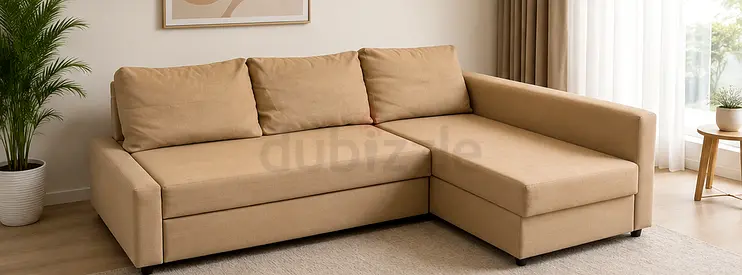 Beige L-shaped Corner Sofa bed with Chaise - Good Condition