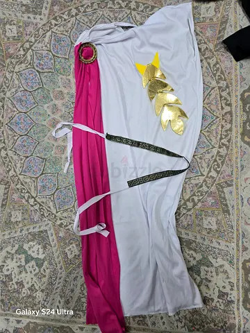 White and pink women's toga-style dress with gold laurel detail