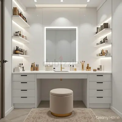 White Built-in Vanity Dressing Table with LED Mirror and shelving
