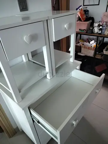 White Wooden Storage Cabinet with Drawers and Shelves - Good Condition