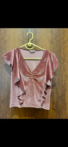 Velvet rose-pink women's top with ruffle sleeves, size approx M