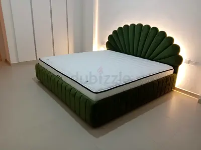 Green velvet scallop headboard king bed frame