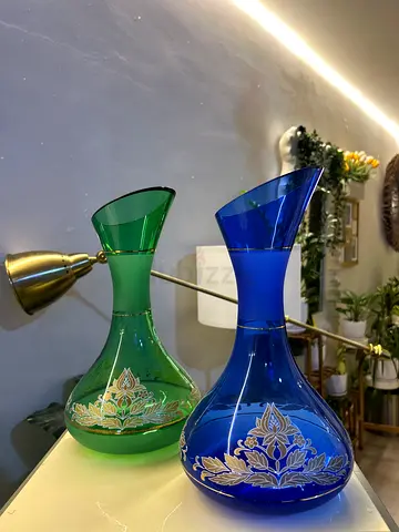 Set of 2 vintage Romanian Colored Glass Vases (Blue & Green)
