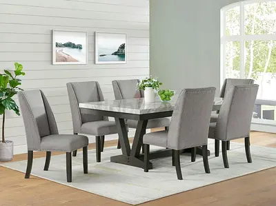 6-Seater Grey Dining Table Set with Upholstered Chairs