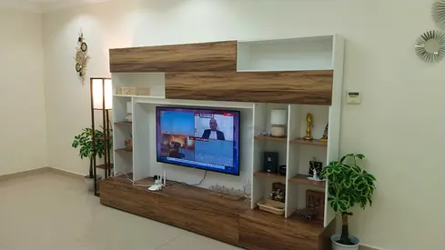 Wood and White Modern Entertainment Center / TV Unit - Good Condition
