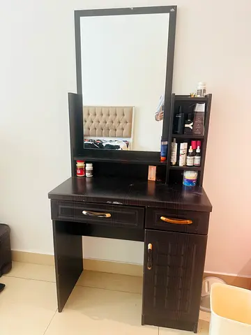 Dark Wood Dressing Table with Mirror and Storage Cabinet