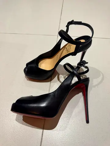 Christian Louboutin Black Leather Platform Peep-Toe Heels, Size 37.5 UK 4.5 brand new