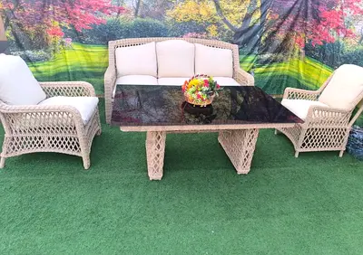 Wicker Outdoor Sofa Set with Glass-top Table - Beige