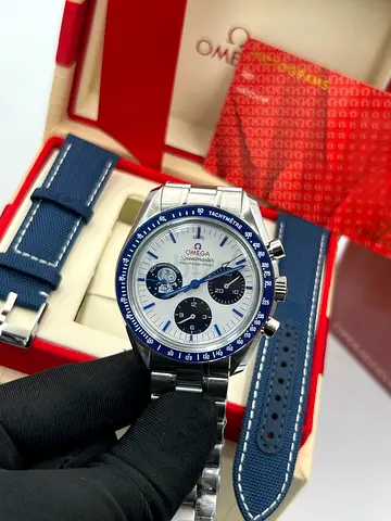 This is an Omega Speedmaster Professional "Silver Snoopy Award" 50th Anniversary watch, featuring a