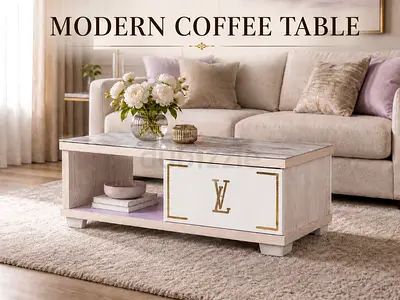 Modern White Coffee Table with 2 Drawers – Marble-Style Living Room Center Table