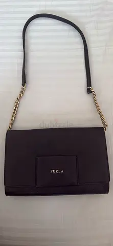 Furla black leather shoulder bag with chain strap