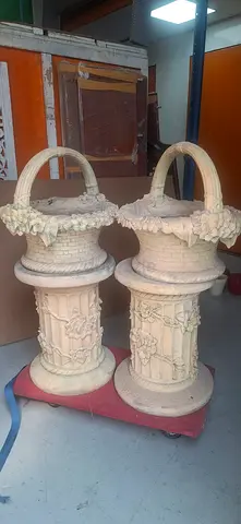Pair of large ornate carved stone garden urns/planters