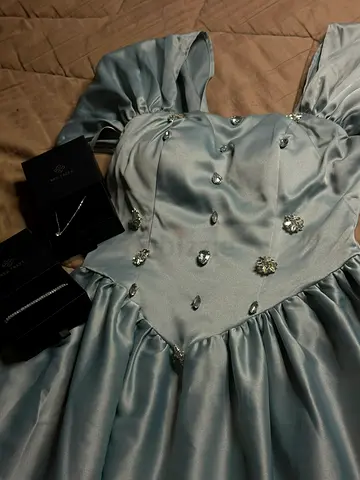 light blue satin evening dress with a beaded bodice, size XS-S (labelled S).