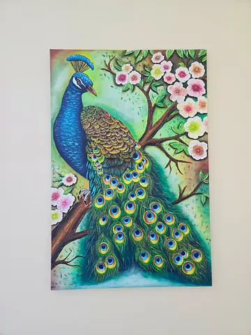Handmade painted vibrant peacock canvas painting, framed-look