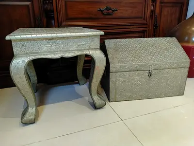 ANTIQUE SILVER TABLE WITH STORAGE BOX