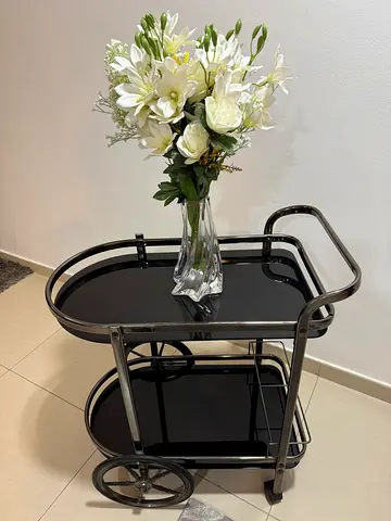 Metal and Glass Bar Serving Trolley with Wheels - Black & Silver