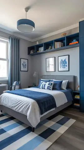 We are making customised Well-kept double bed with built-in shelving and matching decor (blue/grey)