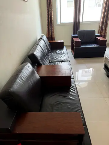 Dark Brown Leather 3-Seater Sofa with Wooden Arm Tables