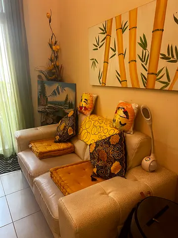 Light beige 2-seater sofa in good condition with cushions hand painted picture cost 500 all together
