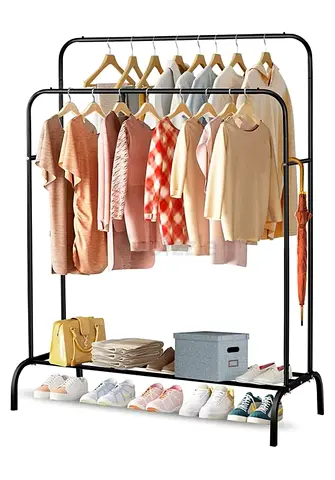 Double Rail Metal Clothes Rack with Shoe Shelf