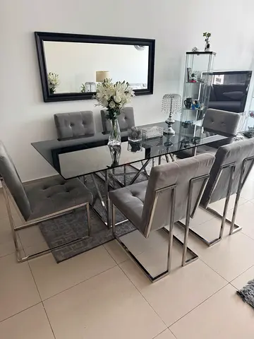 Modern grey velvet dining chairs set of 6 with chrome frames